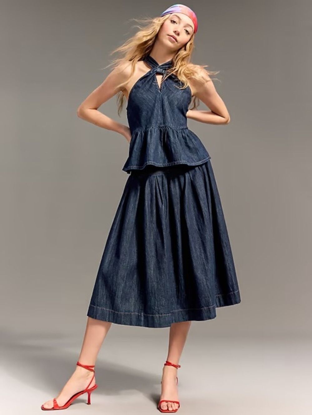 Old Navy x Christopher John Rogers Drop-Waist Jean Denim Midi Skirt Classic BoHo